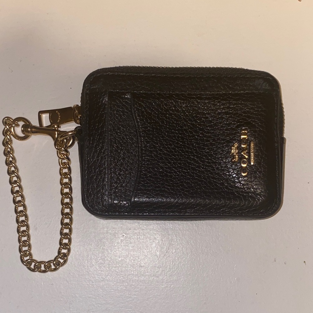 Coach Black Leather Card Holder with Gold Chain